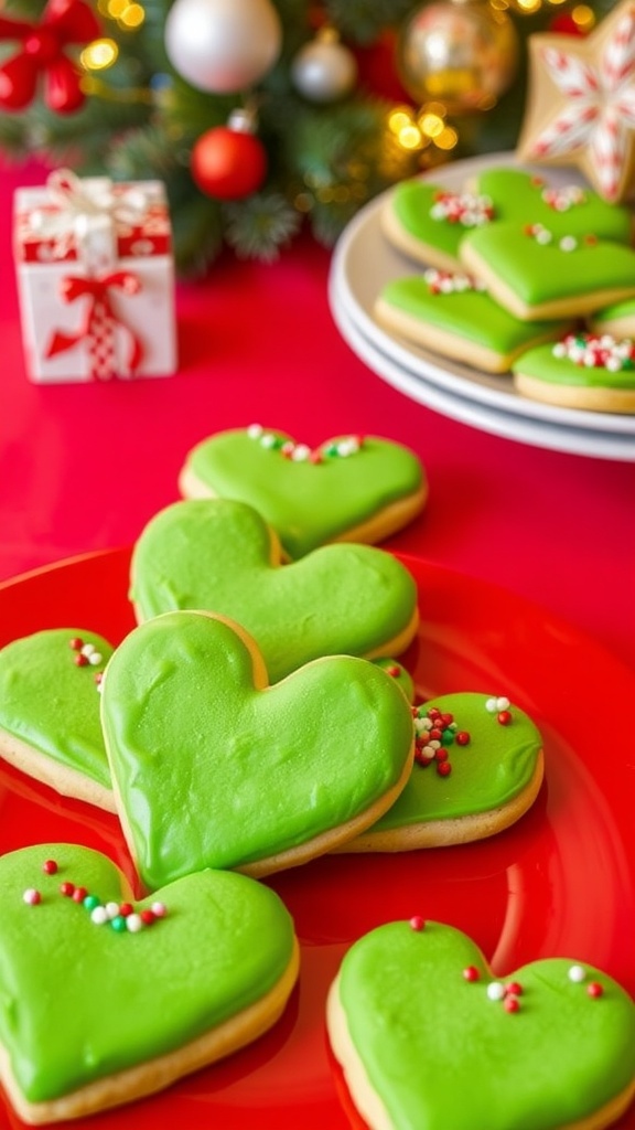 A plate of heart-shaped green cookies decorated with sprinkles for Christmas.